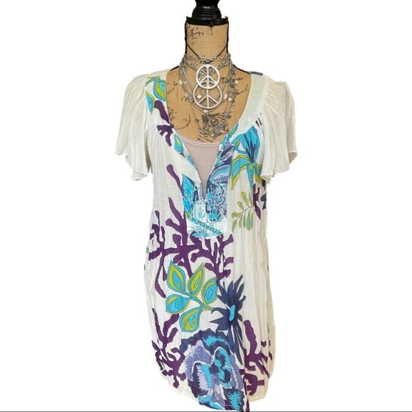 Tops - Top Dress Coverup beaded details on neckline white blue purple size XL
